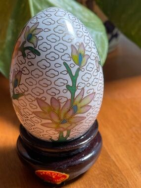 Chinese Cloisonné Egg Floral Enamel w/ Stand 3.25" Vintage 2 Pc.